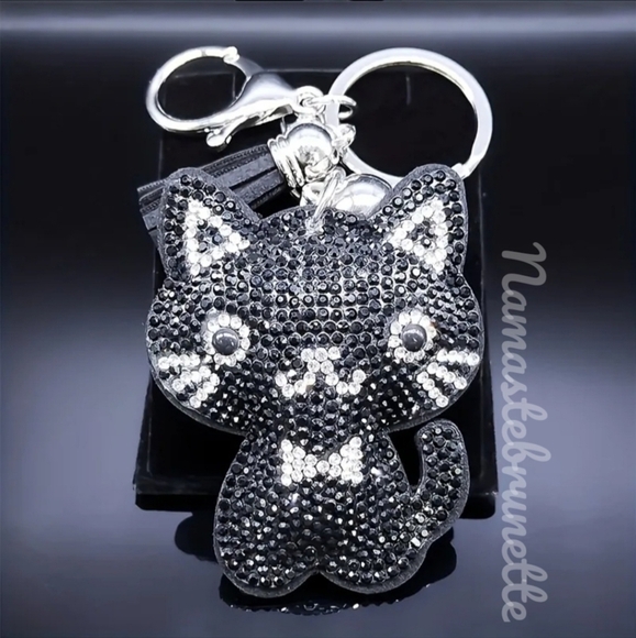 Kitty Cat Crystal Rhinestone Keychain Bag Charm With Black Tassel - Picture 4 of 11